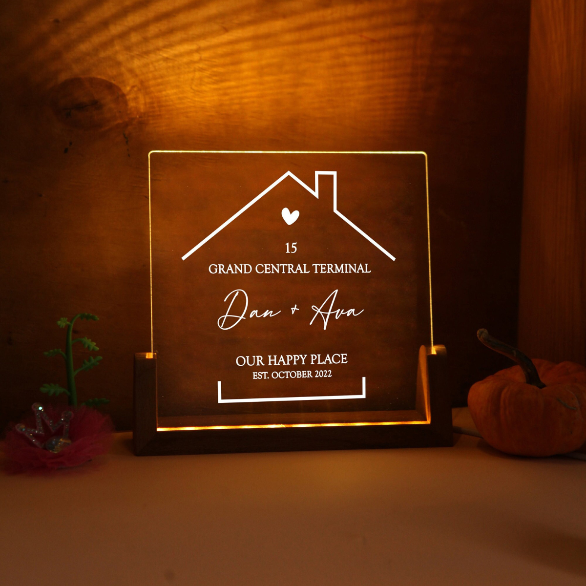 Our Happy Place - Personalized Desk Name Plate Night Light - Gift For Couple