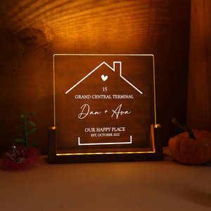 Our Happy Place - Personalized Desk Name Plate Night Light - Gift For Couple