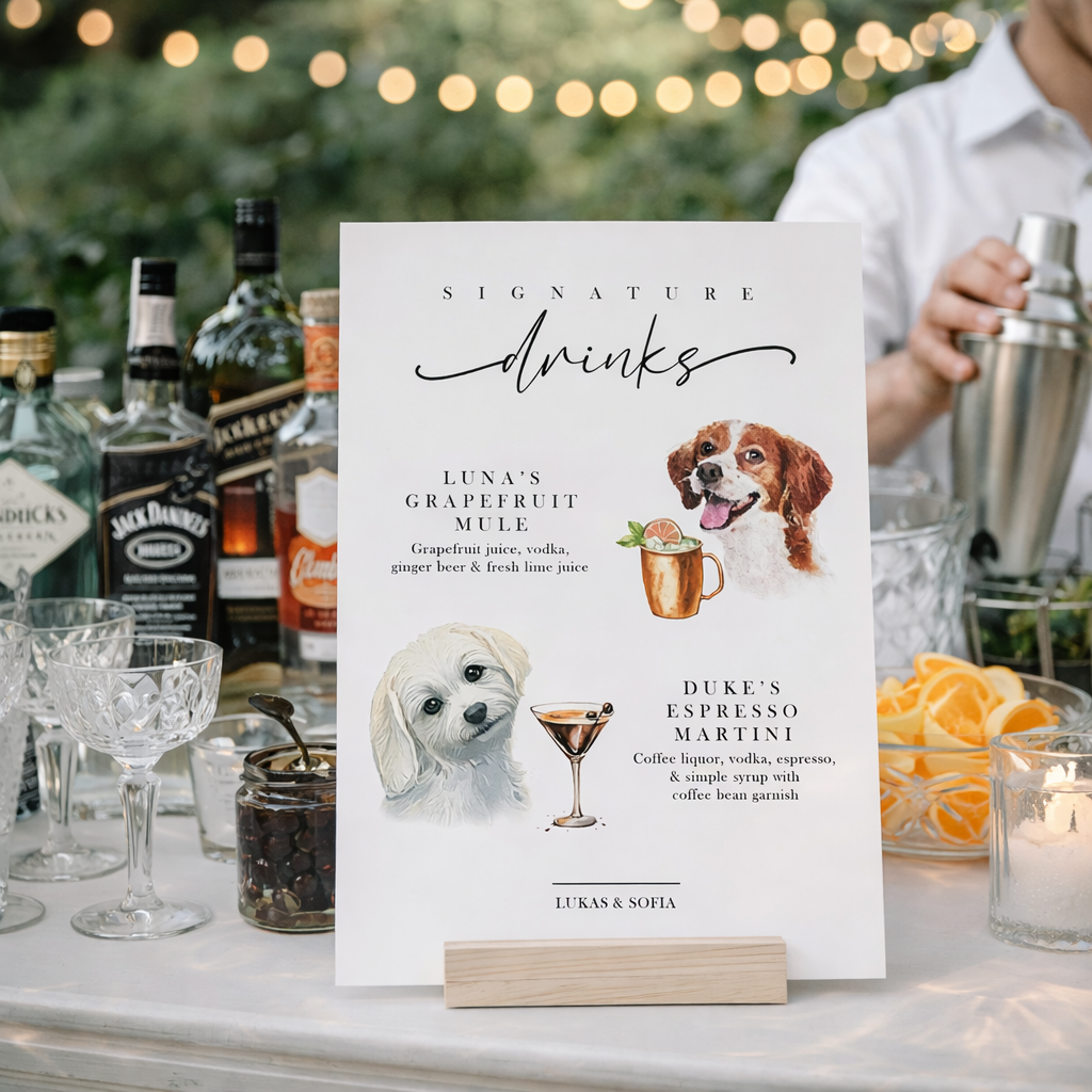 Custom Watercolor Pet Wedding Cocktail Sign Plaque, Custom Pet Photo, Personalized Dog Cat Signature Drinks Menu Sign, Wedding Drinks Acrylic Plaque