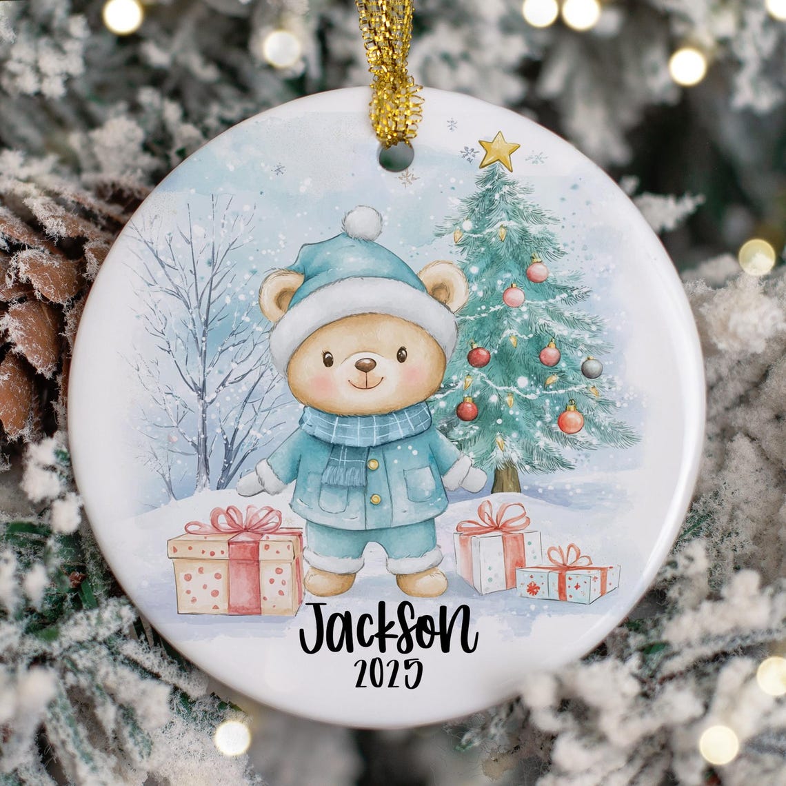 Personalized Blue Teddy Bear Ornament, Custom Kids Christmas Ornaments, Children's Gift Ornament Any Name , 2025 Boys Christmas Ornament