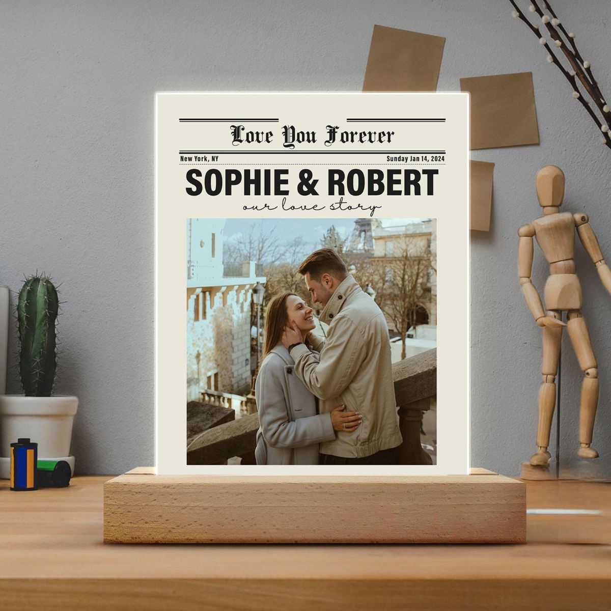Personalized Couple Newspaper Acrylic Plaque, Valentines Day Gift, Custom Photo Collage Night Light, Gifts For Him, Her, Anniversary Gifts
