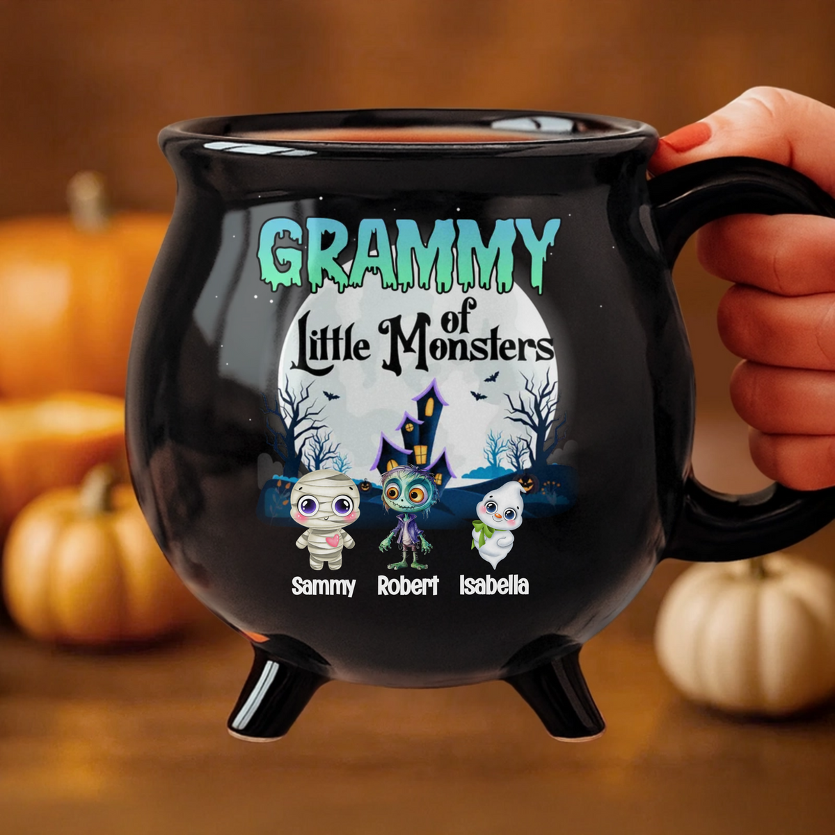Grandma Of Little Monster - Personalized Halloween Black Ceramic Witch Mug - Halloween Gift For Grandma