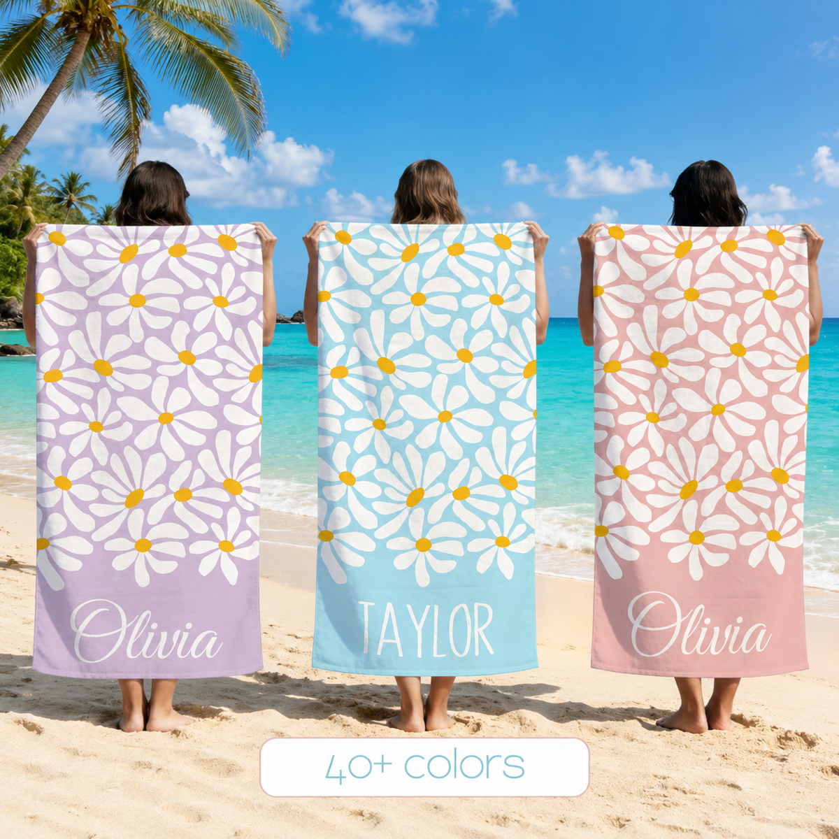 Personalized Daisy Floral Beach Towel, Custom Name Pool Towel for Girls, Bithday Party Gift For Kids, Tropical Vacation Gift, Beach Lover's Gift
