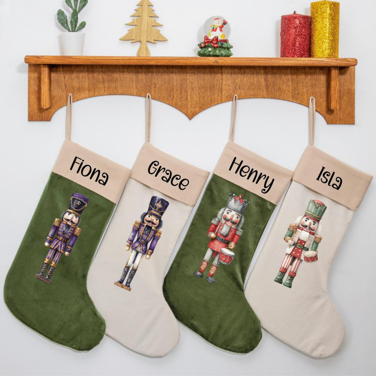 Personalized Velvet Christmas Stocking with Nutcracker Soldier Design, Custom Name Stocking, Elegant Velvet Xmas Decor, Gift for Families