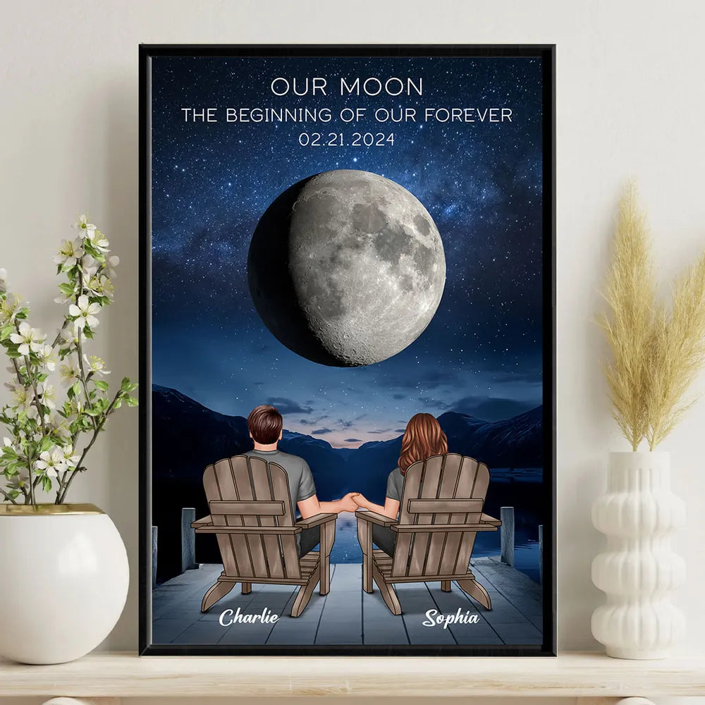 Our Moon Couple Back View Moon Phase - Personalized Canvas - Anniversary Gift For Him, Gift For Her