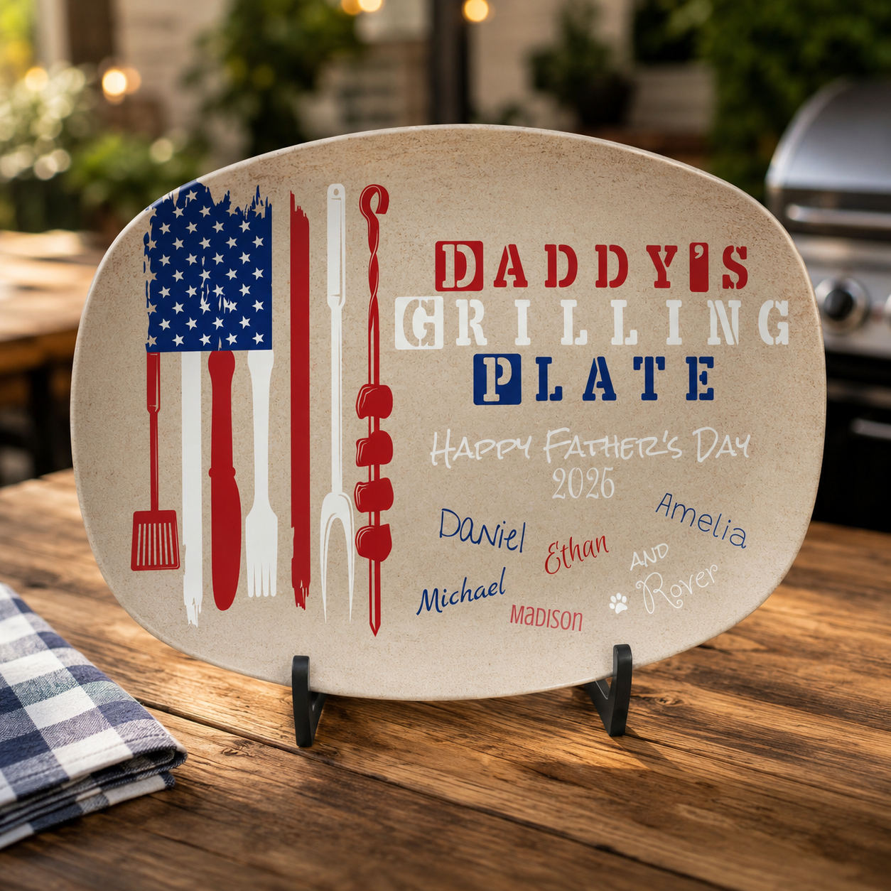 Custom Grilling Platter Daddy's Grilling Plate US Flag Patriotic Customized Father's Day Gift for Dad Personalized from Kids or Pets Names