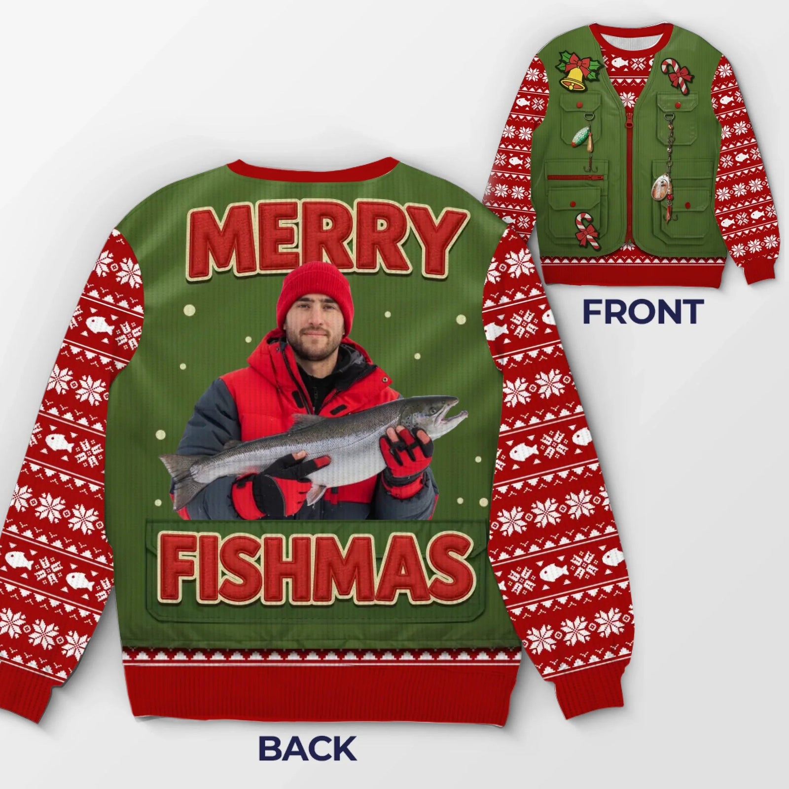 Merry Fishmas Custom Photo - Personalized Ugly Sweatshirt - Christmas Gift For Fishing Lovers