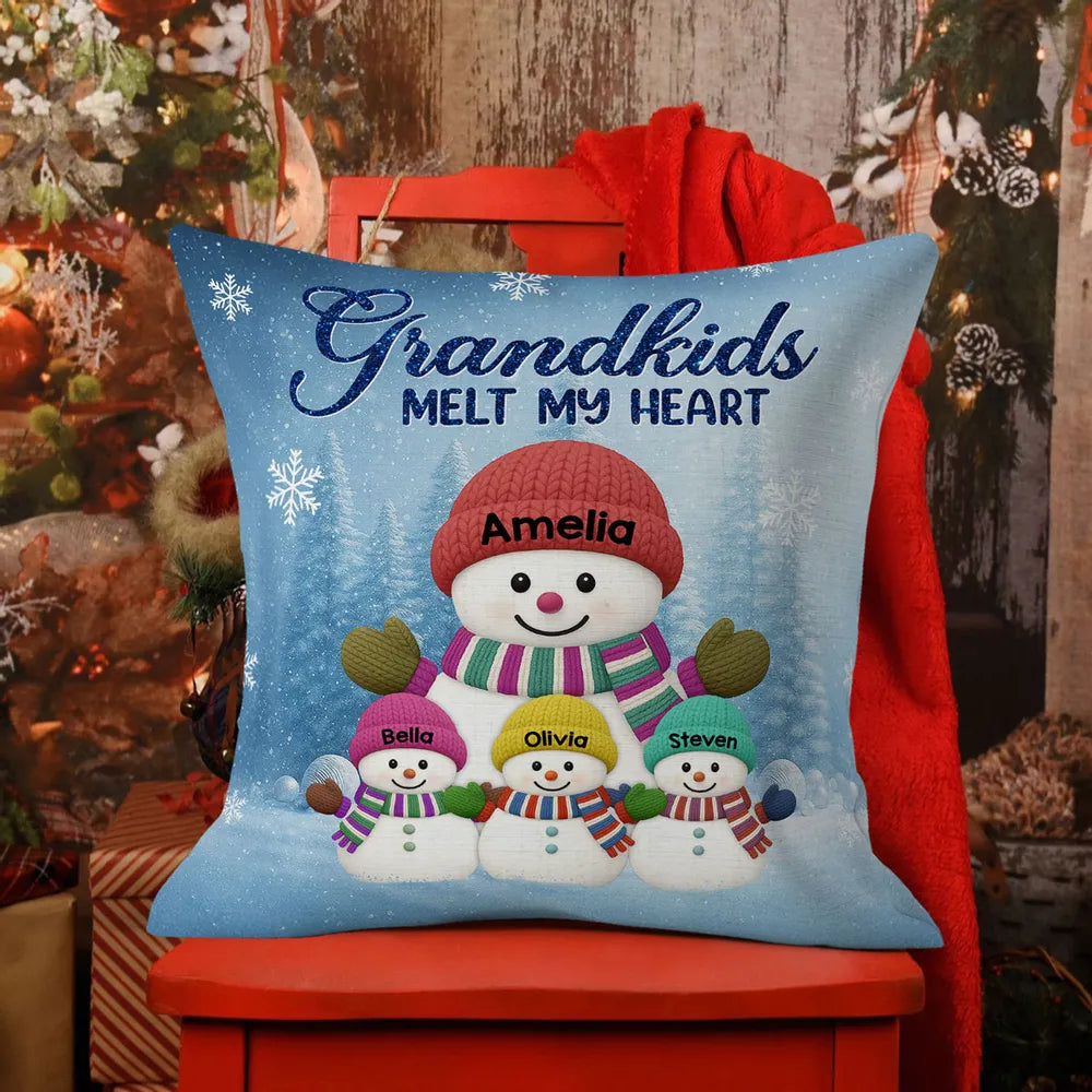 Christmas Snowman My Grandkids Melt My Heart - Personalized Pillow - Christmas Gift For Grandmas