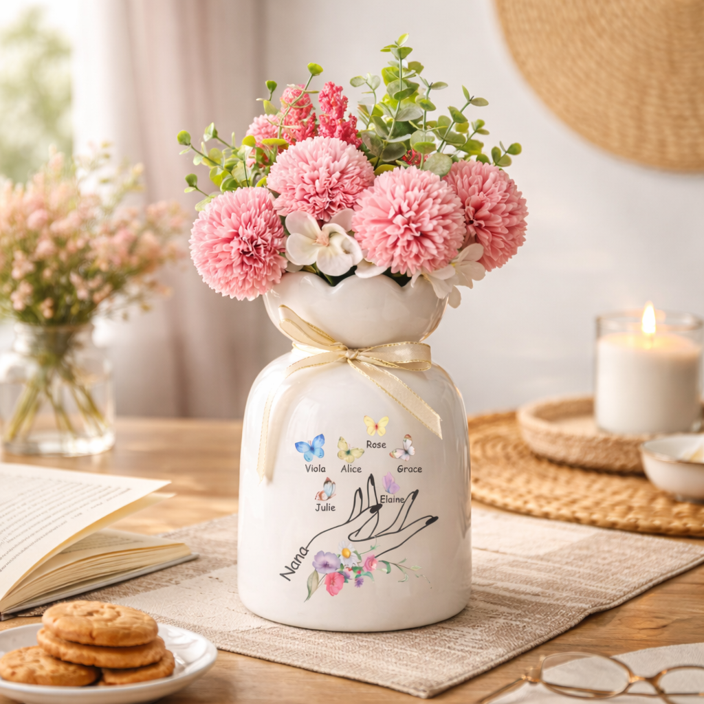 Personalized Flower Vase for Mom, Ceramic Flower Vase with Butterfly, Gift from Grandkids, Birthday Gifts, Mother's Day Gift for Mom Grandma