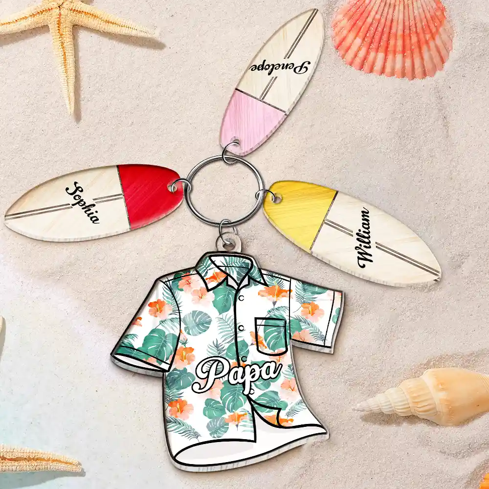 Hawaiian Shirt Papa & Surfboard - Personalized Acrylic Tag Keychain - Gift For Father, Grandfather, Father's Day, Birthday Gift, Summer Beach Vibes