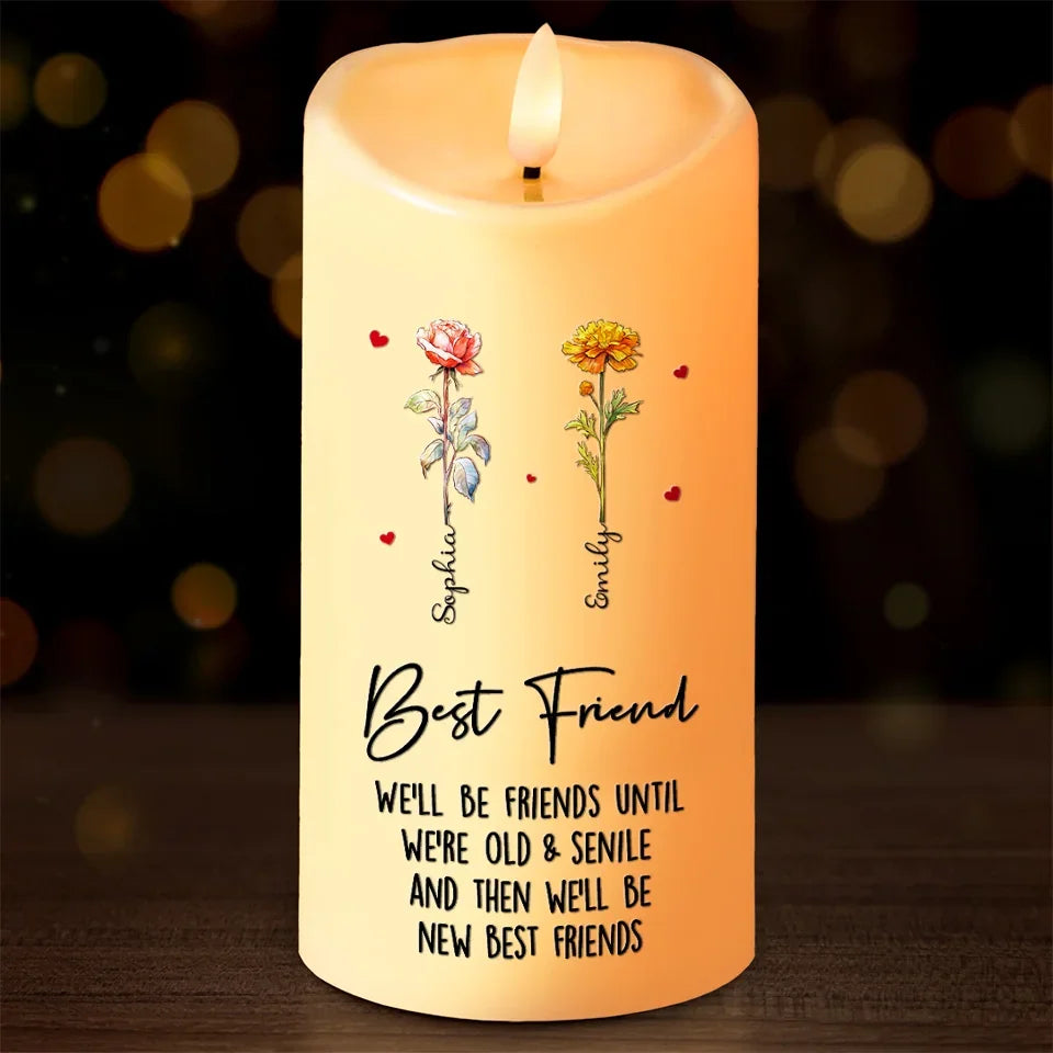 Best Friends Birth Month Flowers - Personalized LED Flameless Candle - Gift For Bestie, Sisters, Soulmates