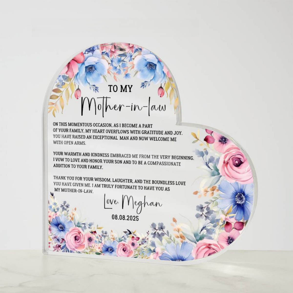 To My Mother-in-law Thank You For Your Wisdom- Personalized Heart Shaped Acrylic Plaque - Gift For Mother-in-law On Mother's Day