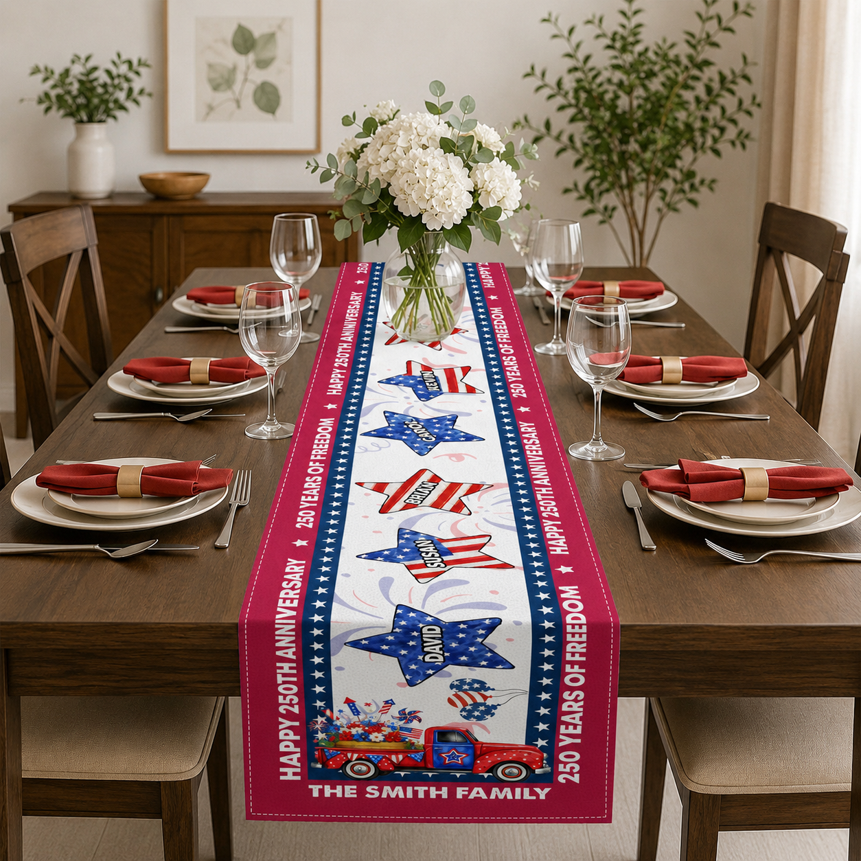 USA 250th Birthday Custom Name Patriotic Star - Personalized Table Runner - Patriotic Gift For Family, Independence Day, 4th Of July Family Decoration