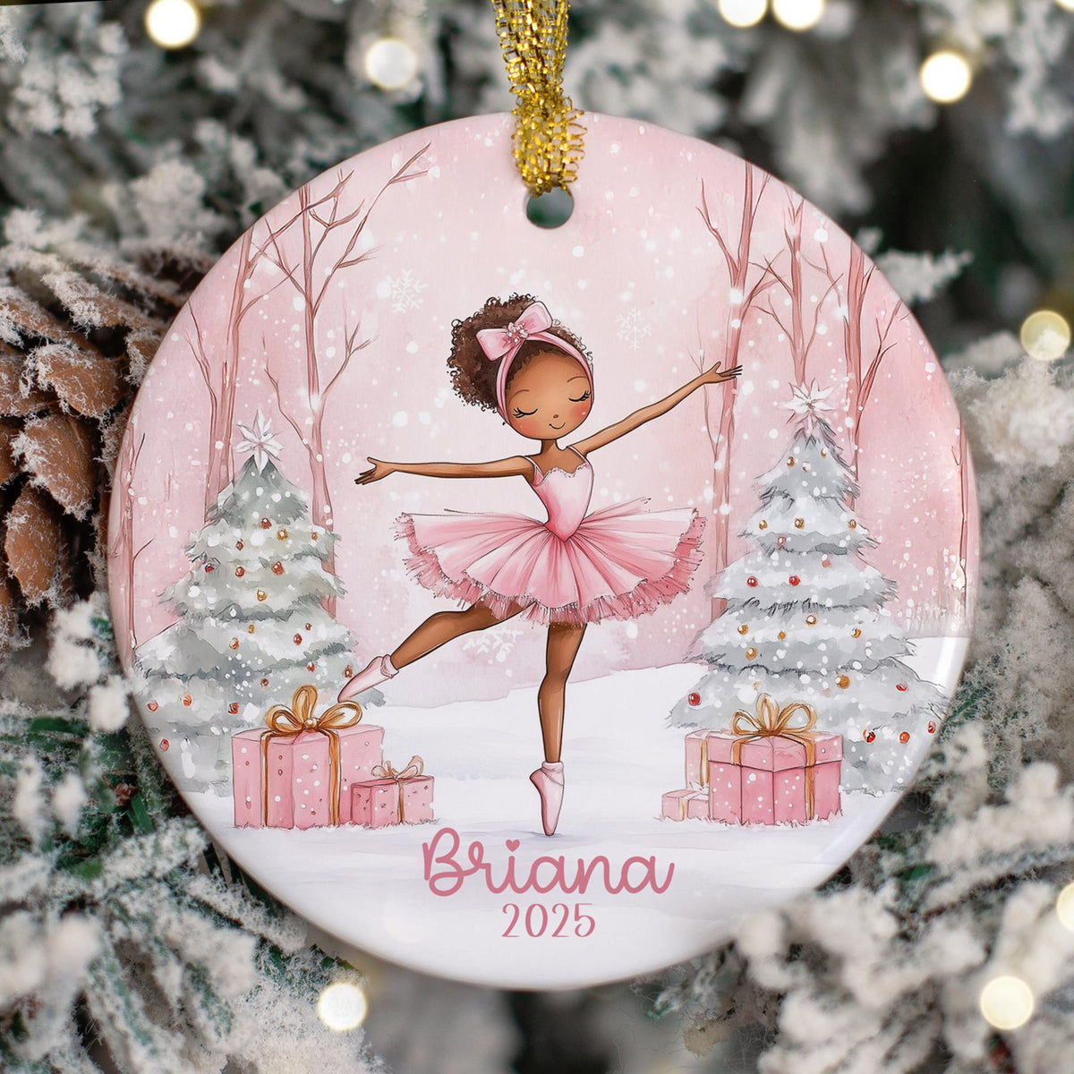 Personalized Pink Ballerina Ornament, Girls Pink Dancer Christmas Gift Ornaments with Name, African American Ballerina, Ornaments for Girls