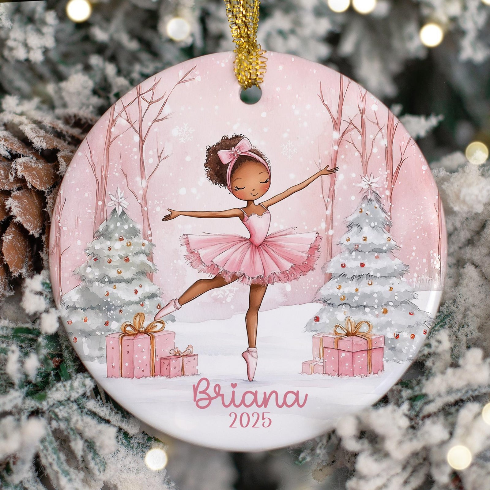 Personalized Pink Ballerina Ornament, Girls Pink Dancer Christmas Gift Ornaments with Name, African American Ballerina, Ornaments for Girls