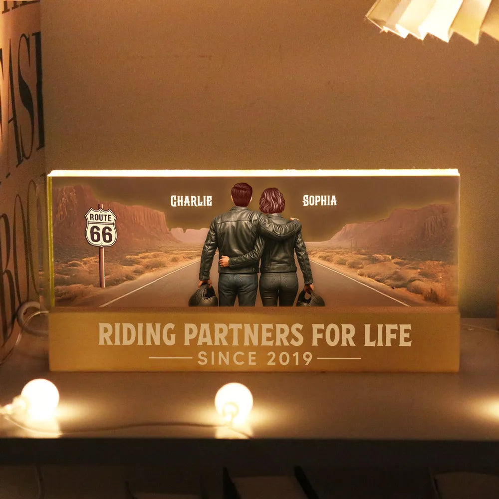 Back View Biker Couple Riding Partners For Life - Personalized 3D LED Night Light - Heartfelt Valentine's Day Gift, Anniversary Gift For Biker Couple