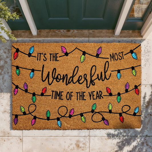 The Most Wonderful Time Doormat, Merry Christmas Welcome Mat, Festive Holiday Entryway Rug, Colorful Xmas Lights Mat, Seasonal Porch Decor