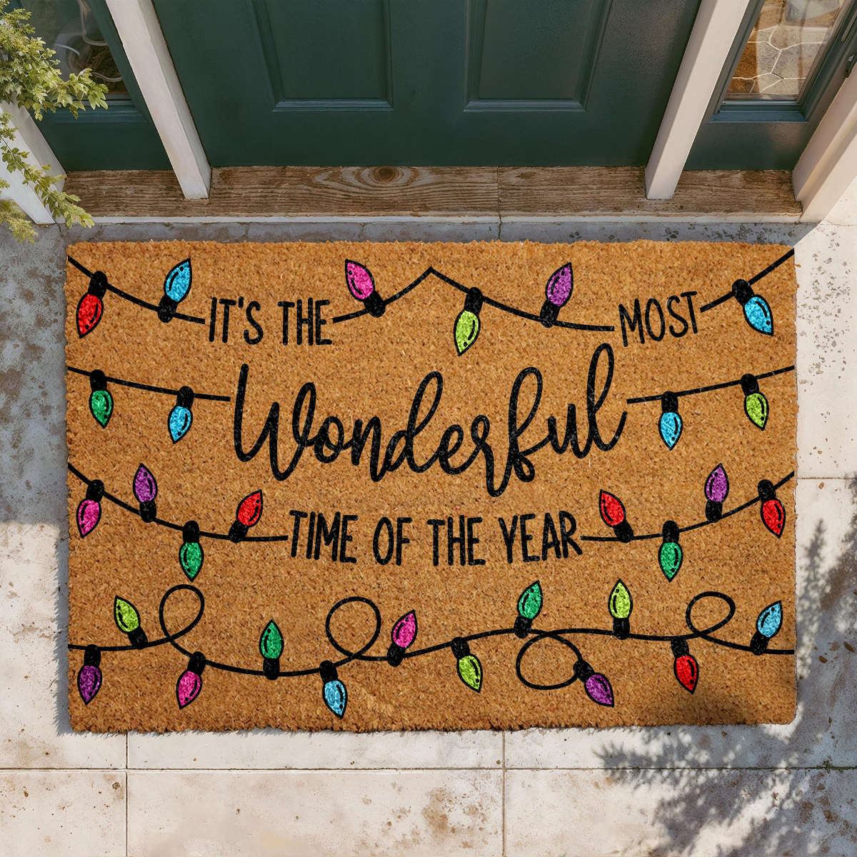 The Most Wonderful Time Doormat, Merry Christmas Welcome Mat, Festive Holiday Entryway Rug, Colorful Xmas Lights Mat, Seasonal Porch Decor