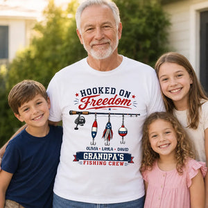 Fishing Grandpa Hooked on Freedom - Personalized Shirt - 250th Anniversary Patriot Shirt