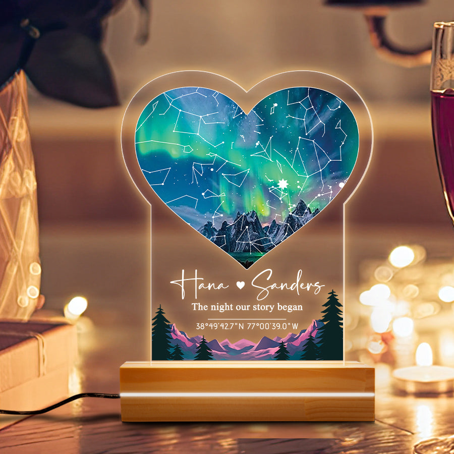 The Night Our Story Began - Personalized 3D LED Light Wooden Base - Gift For Couple