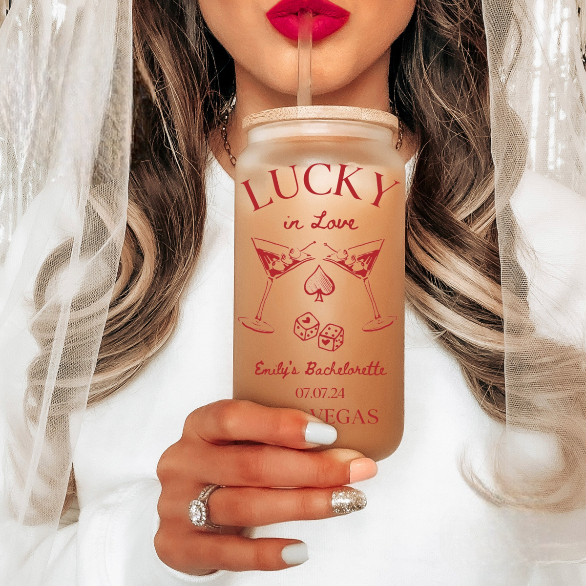 Lucky In Love Las Vegas Bachelorette Glass Cup, Las Vegas Bridesmaid Bachelorette Party Favors, Bride Bachelorette Gift, Bachelorette Beer Can