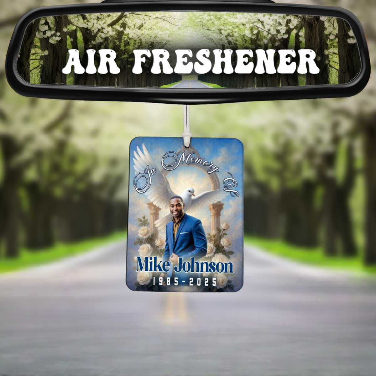 Personalized Photo Memorial Car Air Freshener, Heaven's Gate, Dove & Roses, Photo Portrait Sympathy Gift
