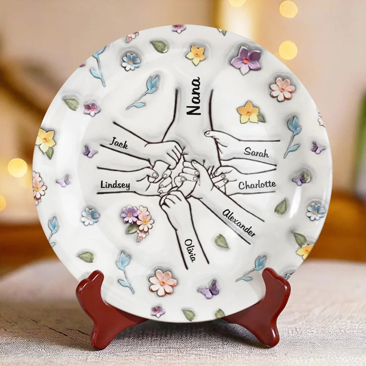 Mother And Kids Hold Hands Together - Personalized 3D Inflated Effect Printed Ceramic Plate - Mother's Day, Gift For Mom, Grandma