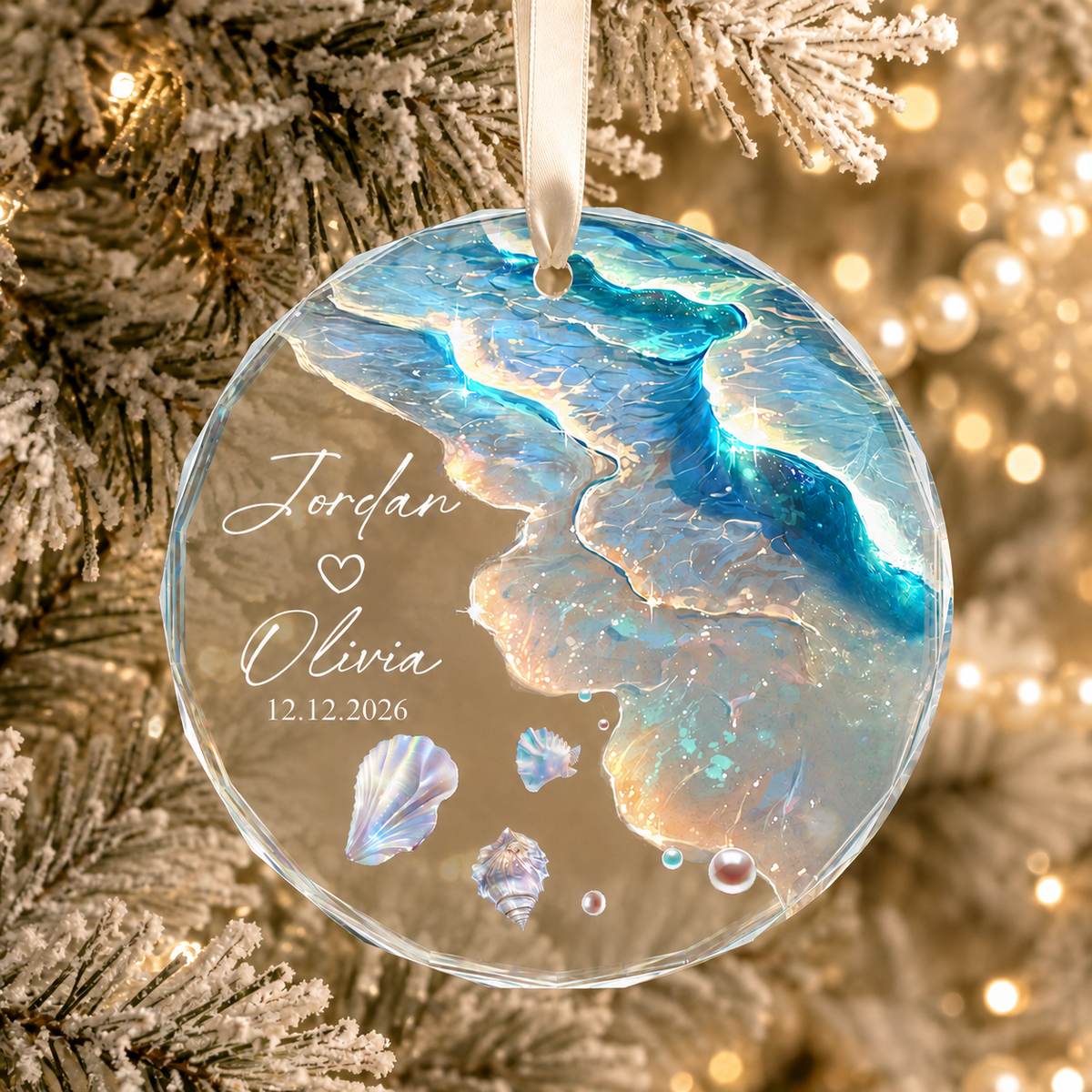 Personalized Ocean Wave Ornament, Custom Engagement Wedding Gift for Couple, Beach Mermaid Tail Keepsake, Mr & Mrs Anniversary Present