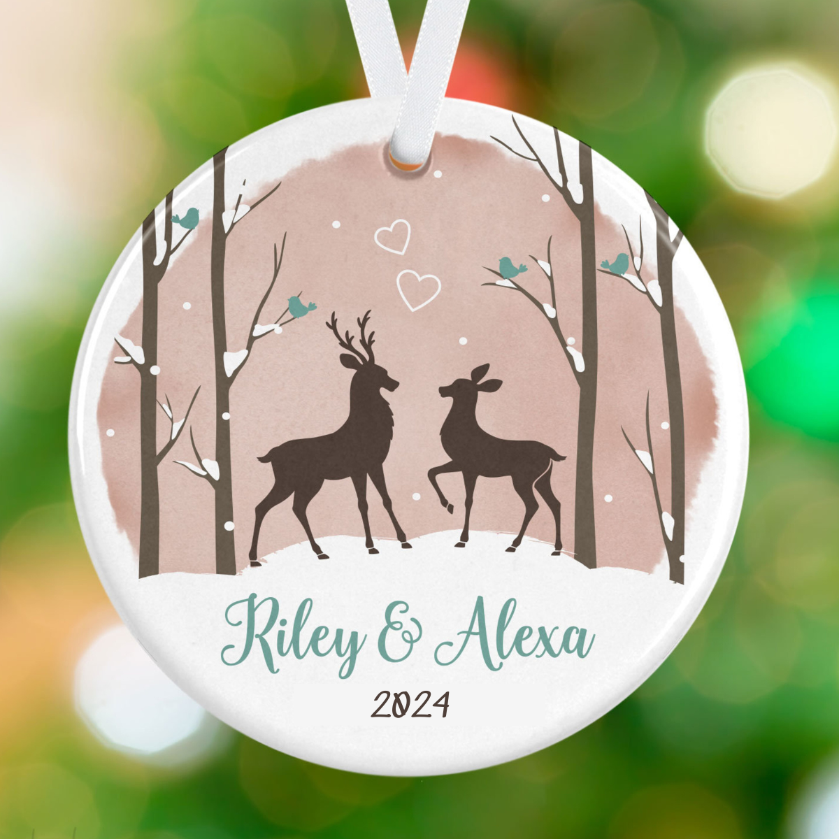 Deer Couple Christmas - Personalized Newlywed Holiday Ornament - Anniversary Ornament