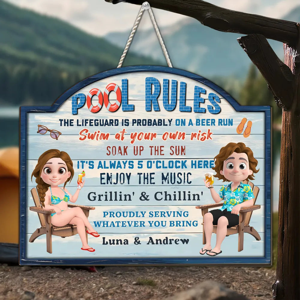 Pool Rules - Personalized Wood Sign - Gift For Couple, Gift For Family