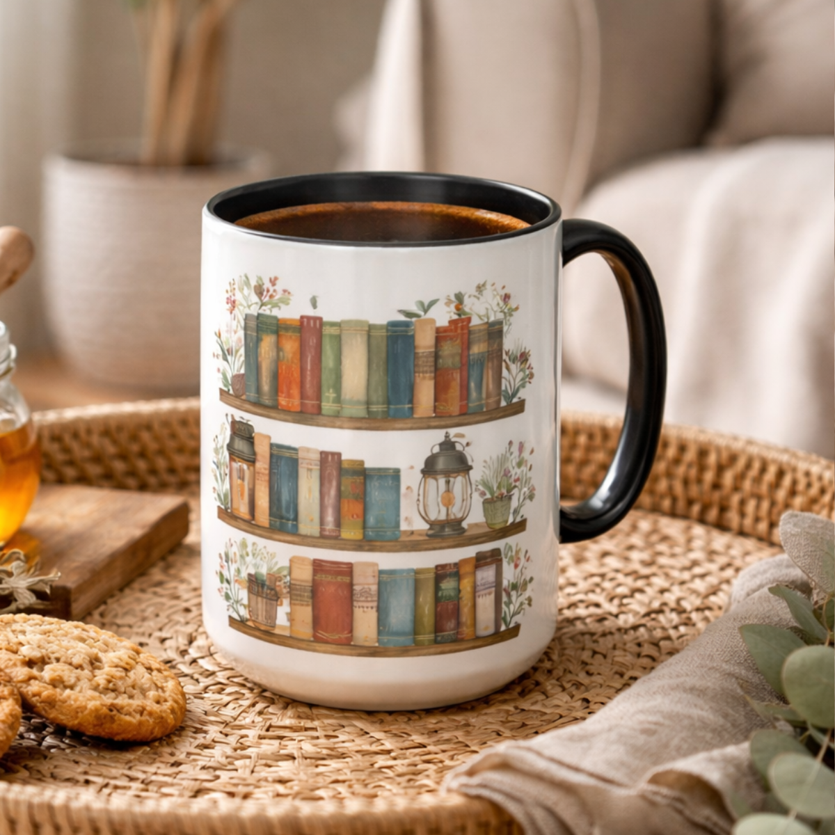 Floral Bookshelf Coffee Mug, Vintage Book Shelf Ceramic Mug, Gift For Book Lovers