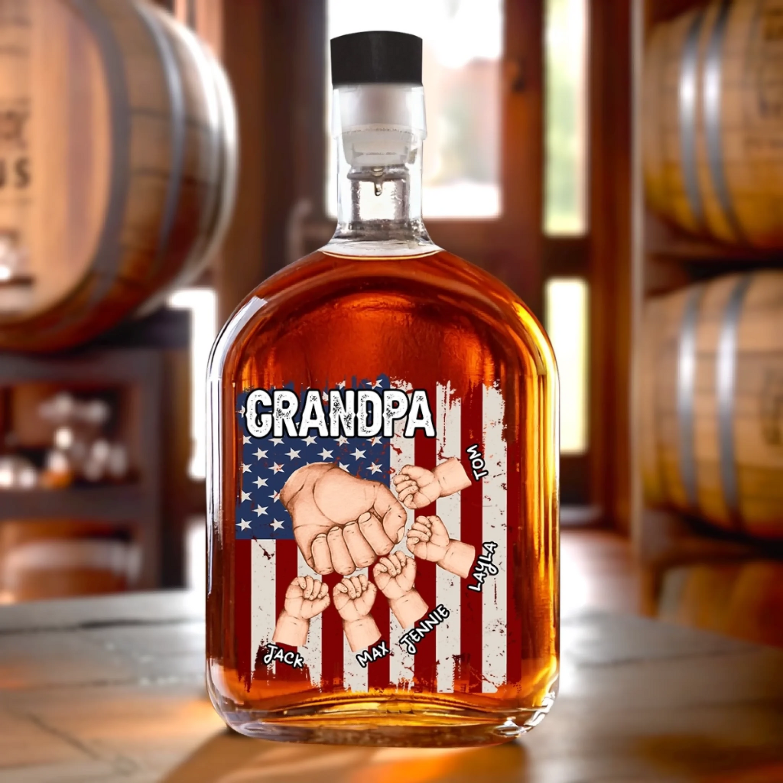 American Flag Papa & Kids Fist Bump - Personalized Whiskey Bottle - Father's Day, Gift For Dad, Grandpa