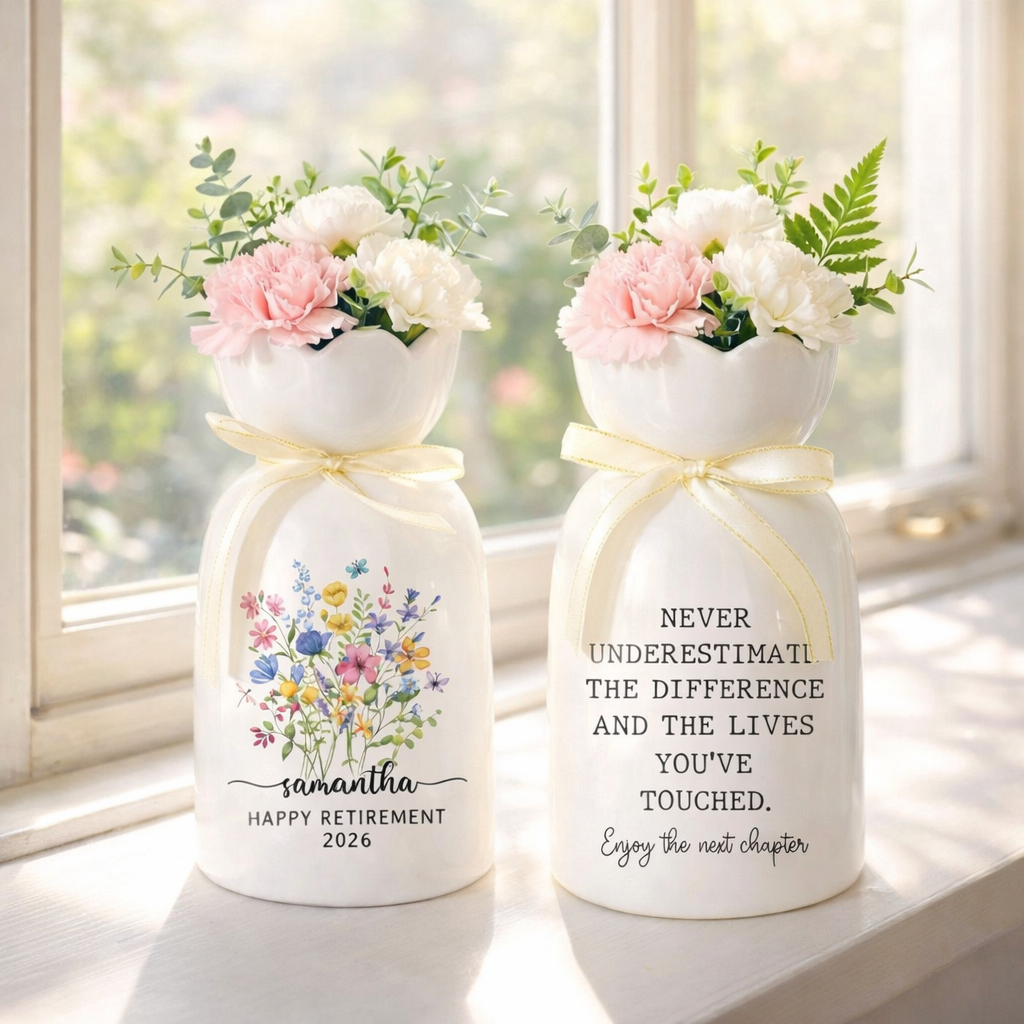 Retirement Ceramic Flower Vase, Personalized Retirement Vase Gifts, Teacher Retirement Gift, Appreciation Gift, Coworker Gift, Retired Gift
