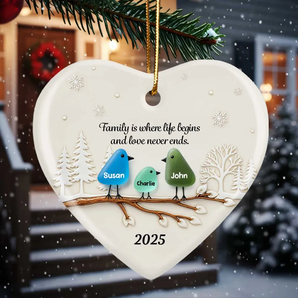 Family Birds Sea Glass Pattern - Personalized Ceramic Ornament With Acrylic - Heartwarming Festive Christmas Gift, Decor