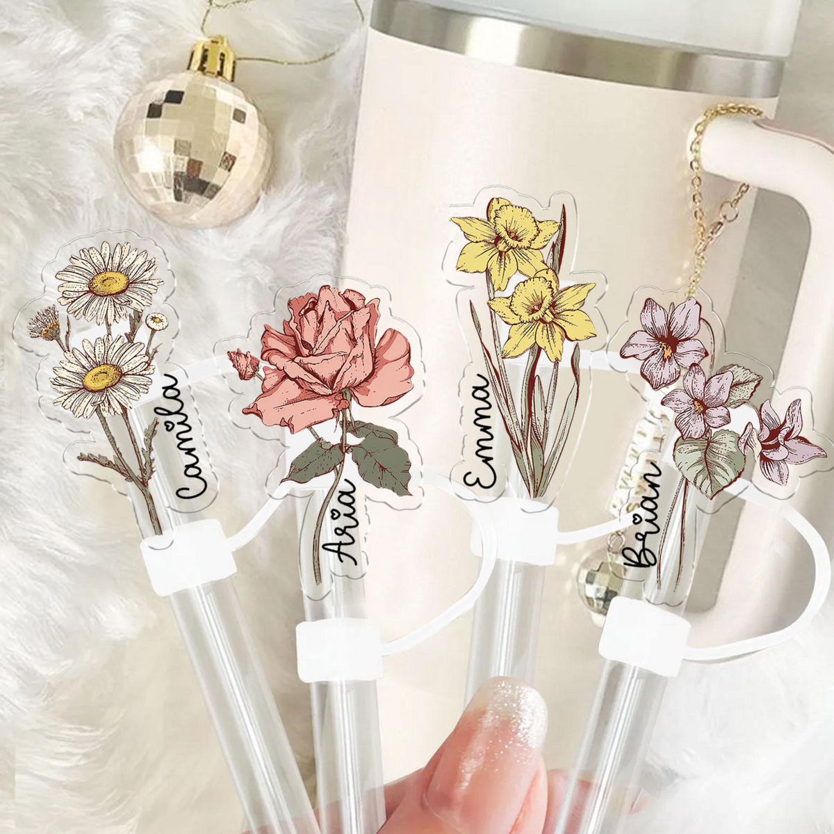 Personalized Birth Month Flower Straw Stopper, Custom Straw Cover With Name, Accessories Gift For Mom Grandma Sister Bestie