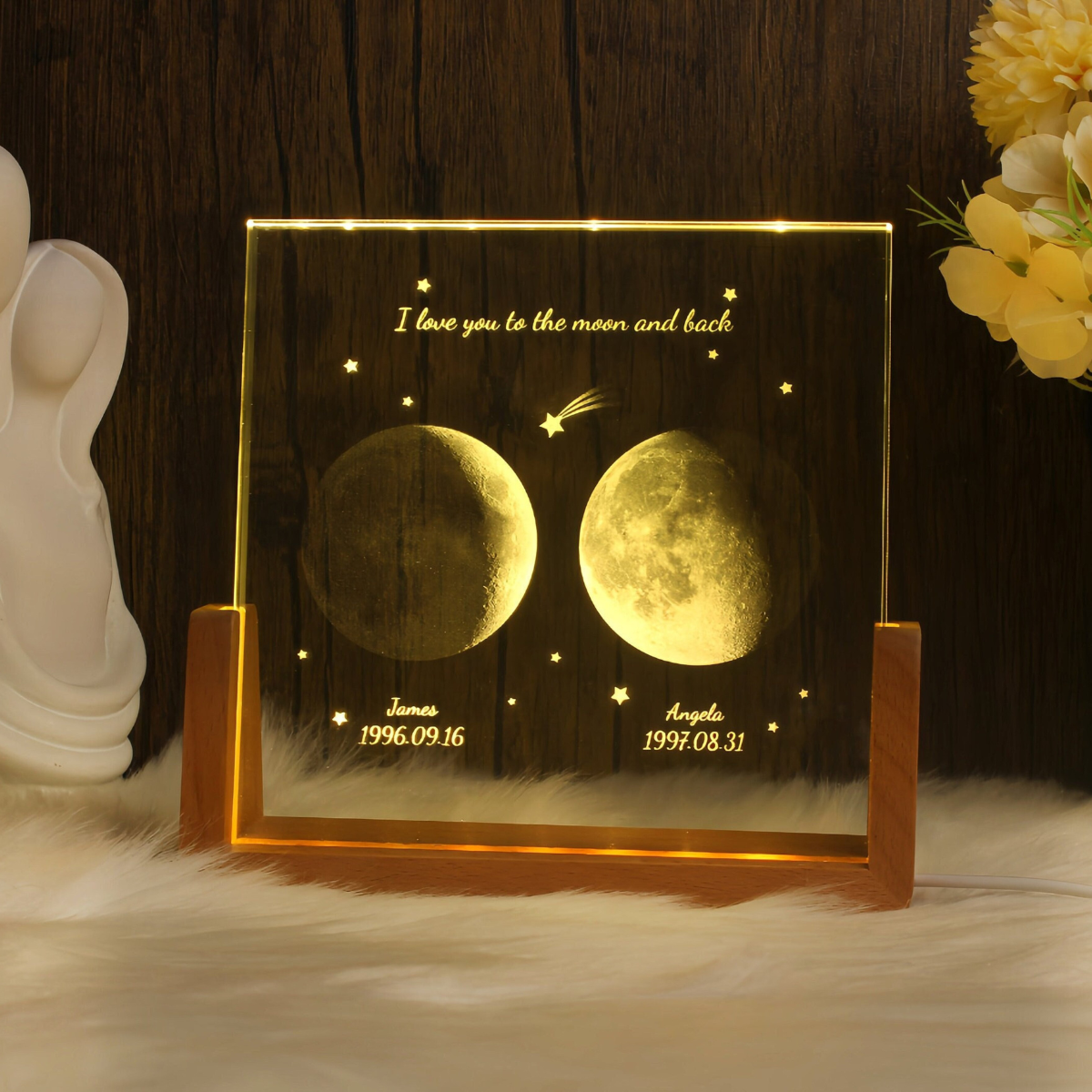 Personalized Moon Phase Desk Name Plate Night Light, Custom Moon Crystal Nightlight, The Night We Met Anniversary Gift