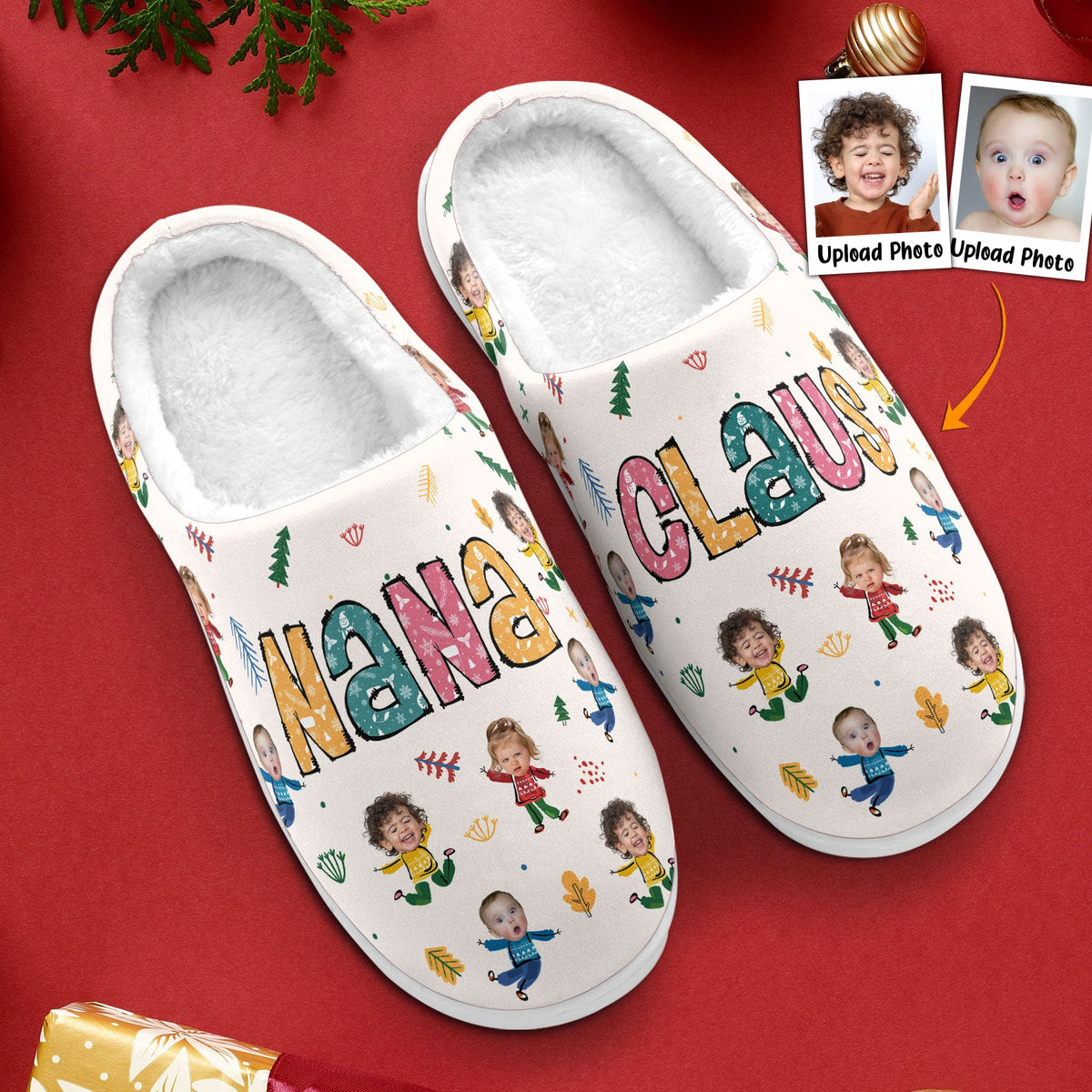 Nana Claus Custom Kid Photo - Personalized Fleece Slippers - Christmas Gift For Grandma