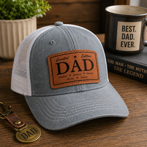 Limited Edition Dad Papa - Personalized Leather Label Net Hat - Gift For Dad, Grandpa, Father's Day Gift