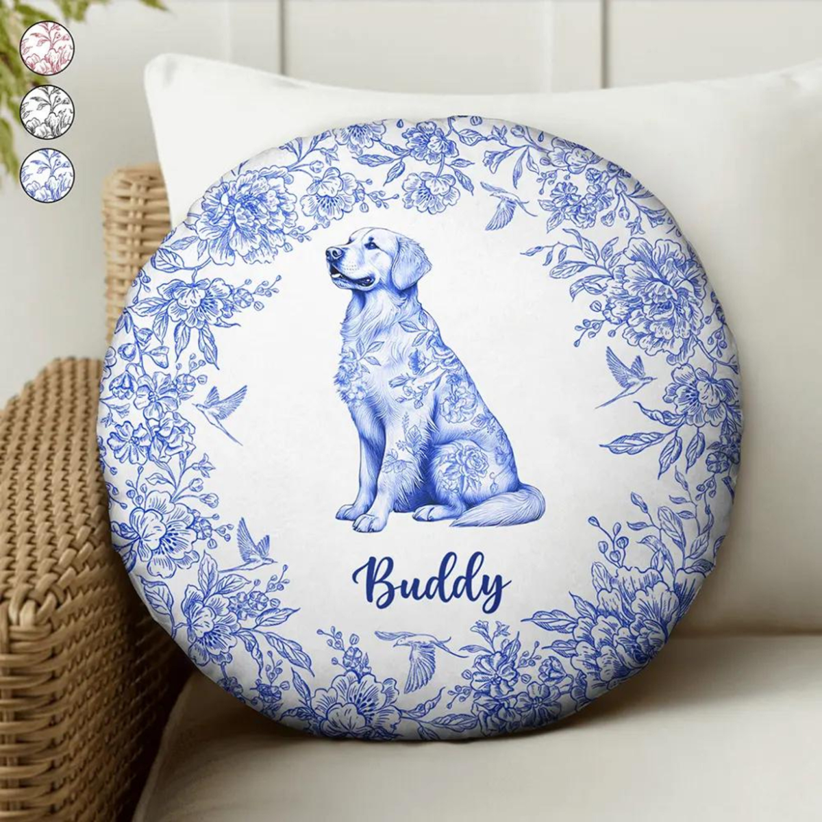 Chinoiserie Toile Dog Cat - Personalized Round Pillow, Customized Circle Decorative Pillow, Clever Gifts For Family Friends Birthday Christmas