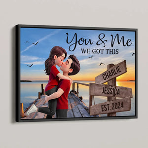 Lake Dock Sign Posts Kissing Couple - Personalized Canvas - Anniversary Gift, Valentine's Day Gift For Couple