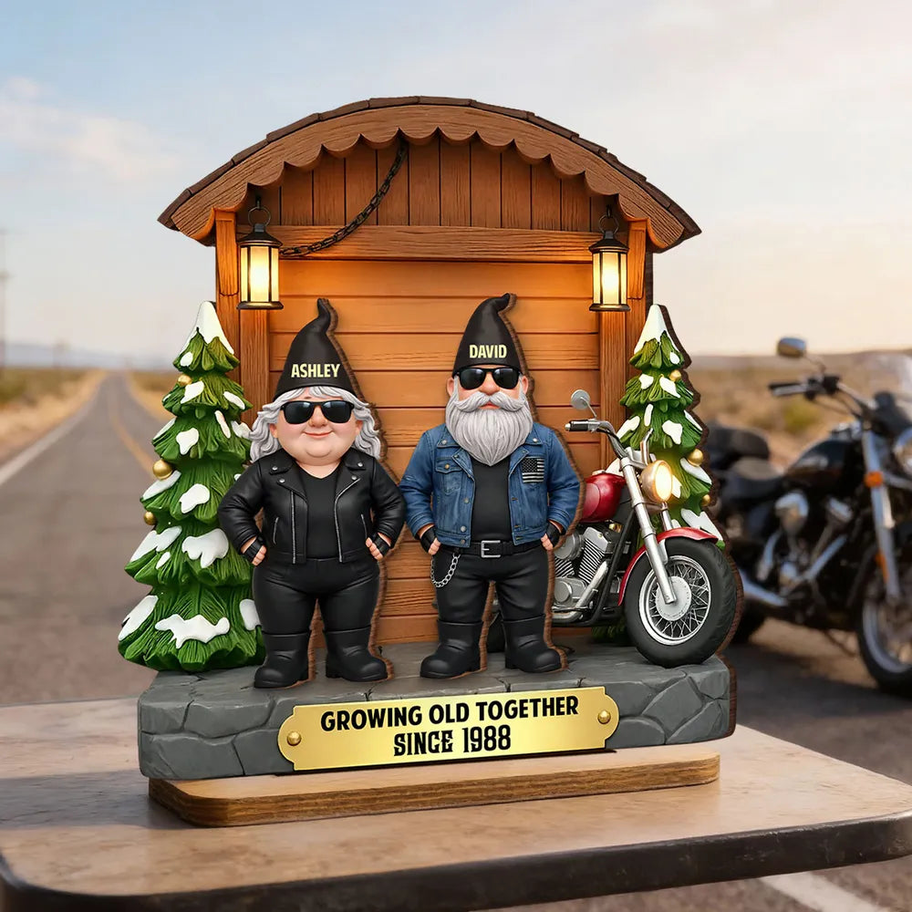 Growing Old Together Biker Couple - Personalized Wooden Plaque With Flat Base - Anniversary, Valentine's Day Gift For Couple