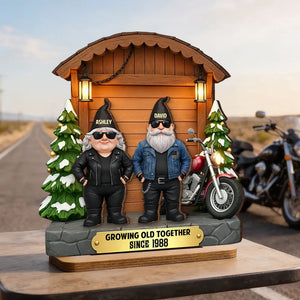 Growing Old Together Biker Couple - Personalized Wooden Plaque With Flat Base - Anniversary, Valentine's Day Gift For Couple