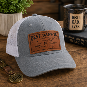 Best Dad Ever Fist Bumps - Personalized Leather Label Net Hat - Gift For Dad, Grandpa, Father's Day Gift