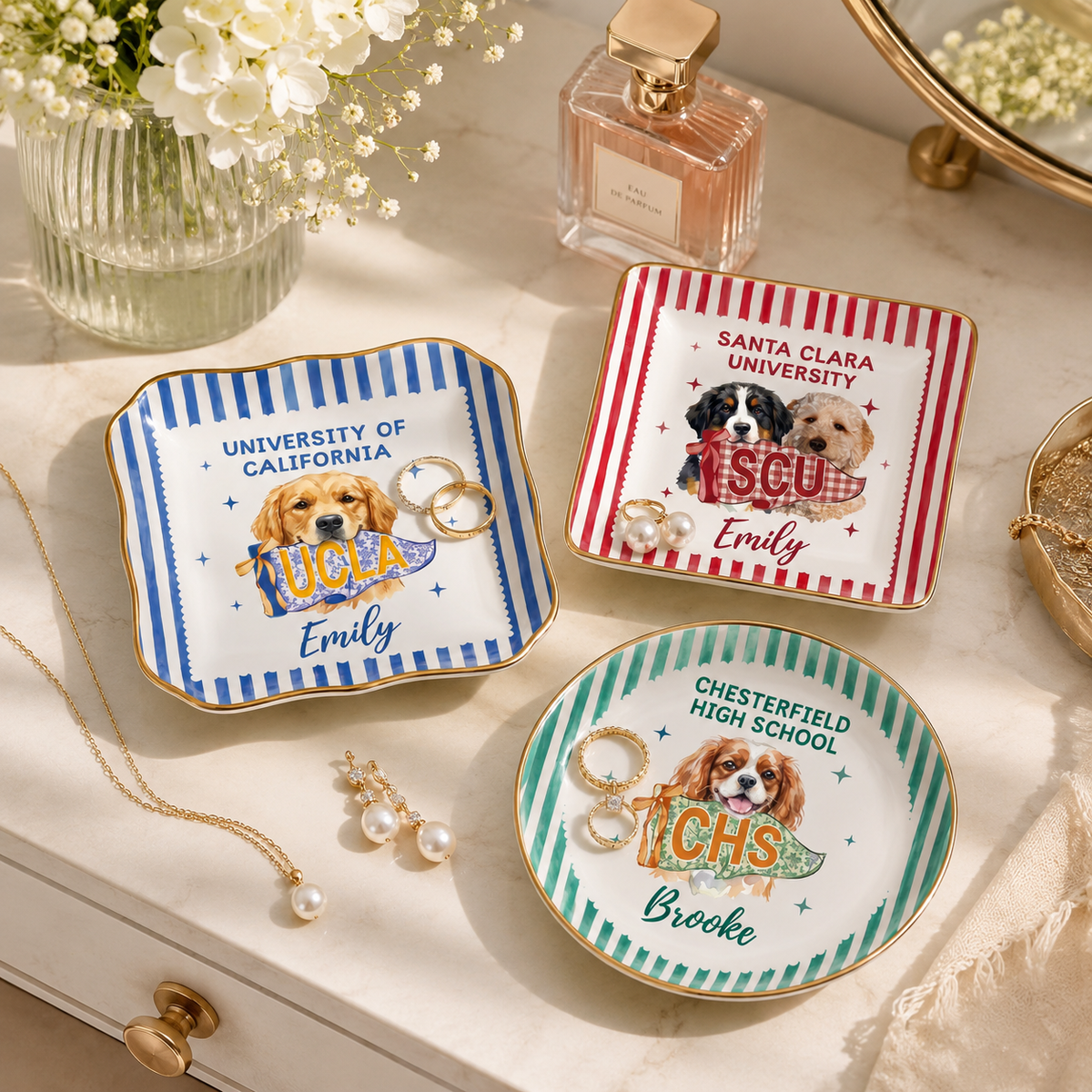 Custom College Pet Portrait Ring Dish, Personalized University Jewelry Tray, Small Graduation Gift for Girls, College Dorm Room Desk Decor