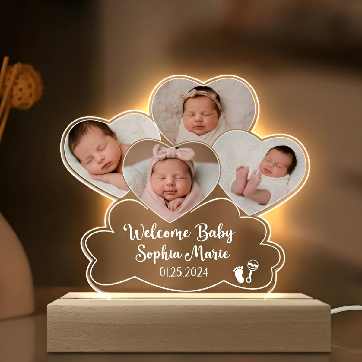 Custom Baby Photo Night Light, Personalized 3D LED Light Wooden Base, Gift To Adore Your Baby, Baby Keepsake Gift, New Mom Gift