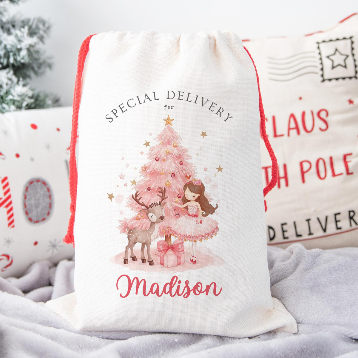 Personalized Santa Sack for Girls, Pink Ballerina Christmas Gift Bag with Name, Custom Special Delivery, Cute Reindeer Dancer Holiday Sack
