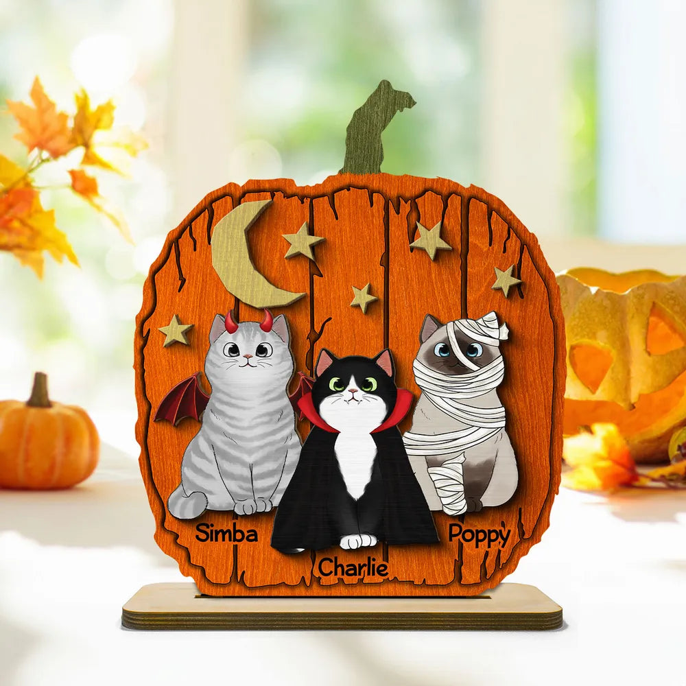 Halloween Pumpkin Cat - Pesonalized Wooden And Acrylic Plaque - Halloween Decor, Gift For Cat Lover