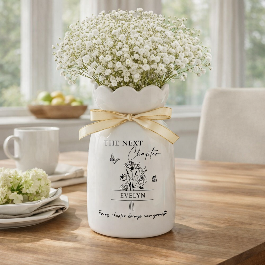 Personalized Birth Month Flower The Next Chapter Ceramic Vase, Custom Name Flower Vase, Class of 2026 Keepsake, College Graduate Gift,Grad Gift