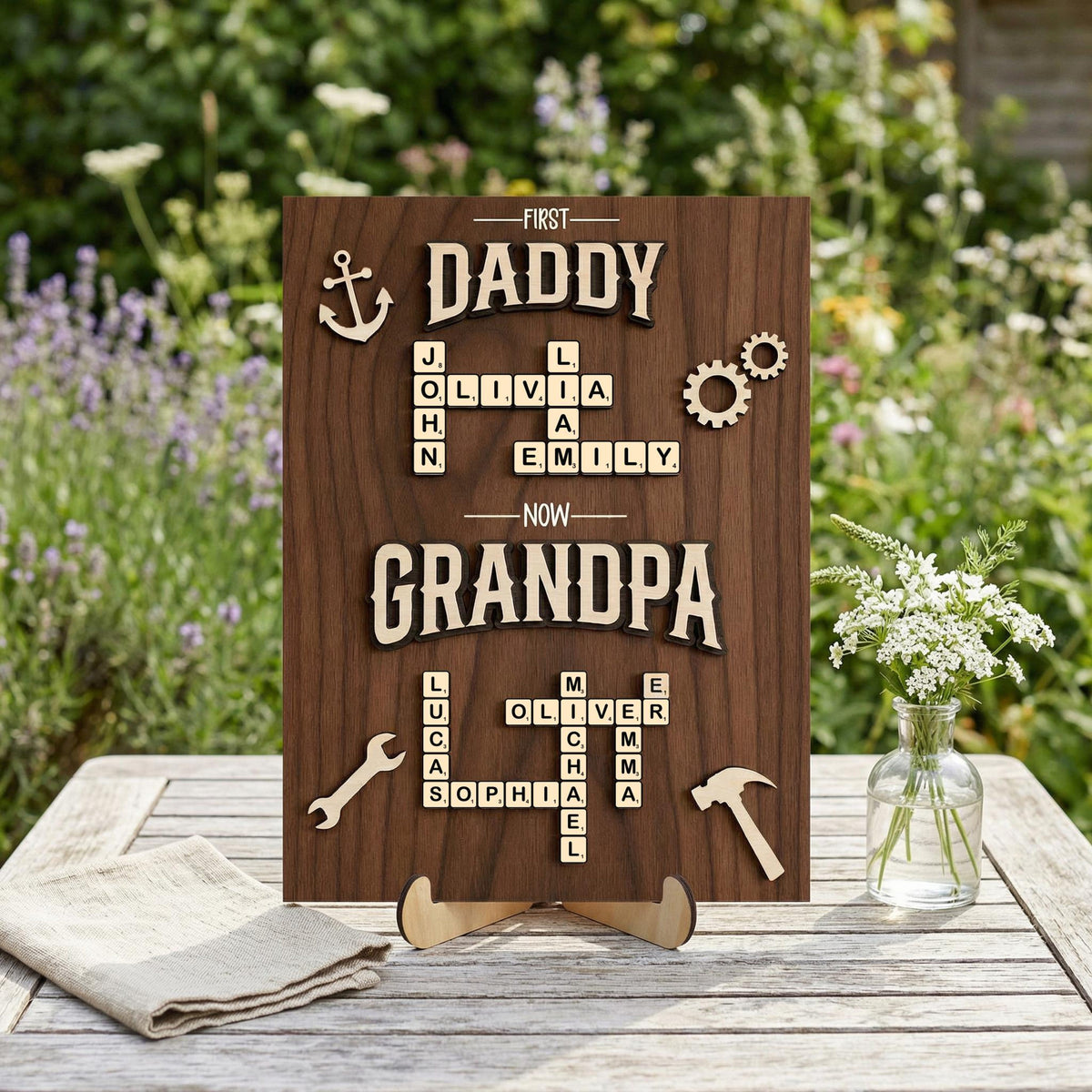 Personalized Scrabble Family Name Sign, First Dad Now Grandpa Wooden Frame, Fathers Day Gift For Grandpa With Kids Name,Dad Puzzle Sign Gift