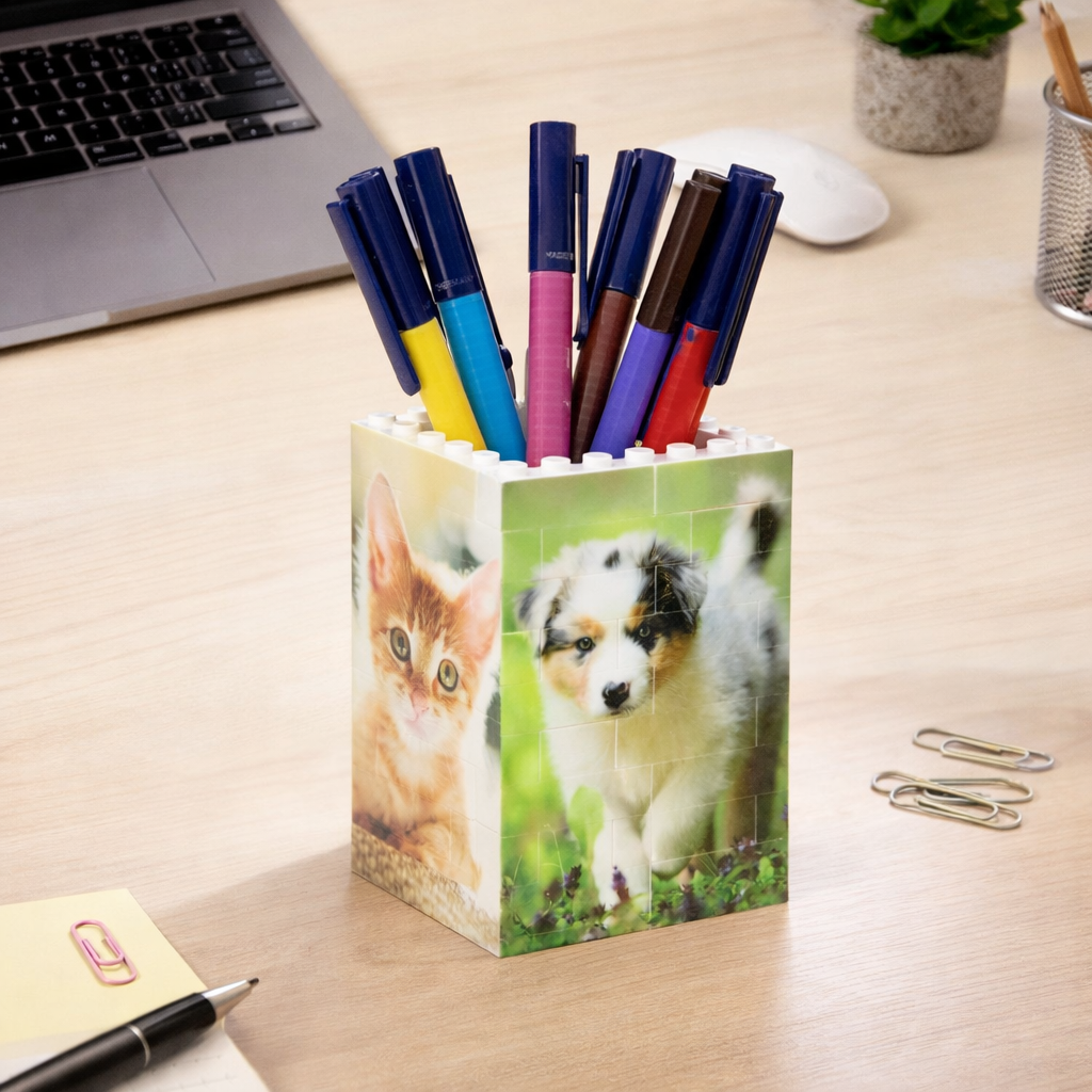 Personalized Photo Block Pen Holder Custom Brick-Style Desk Organizer Gift - Gift For Pet Owner, Dog Cat Lovers